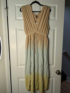 Raviya Tan Ombre Sleeveless Maxi Dress Women's Medium Crinkle Boho Beach NWT